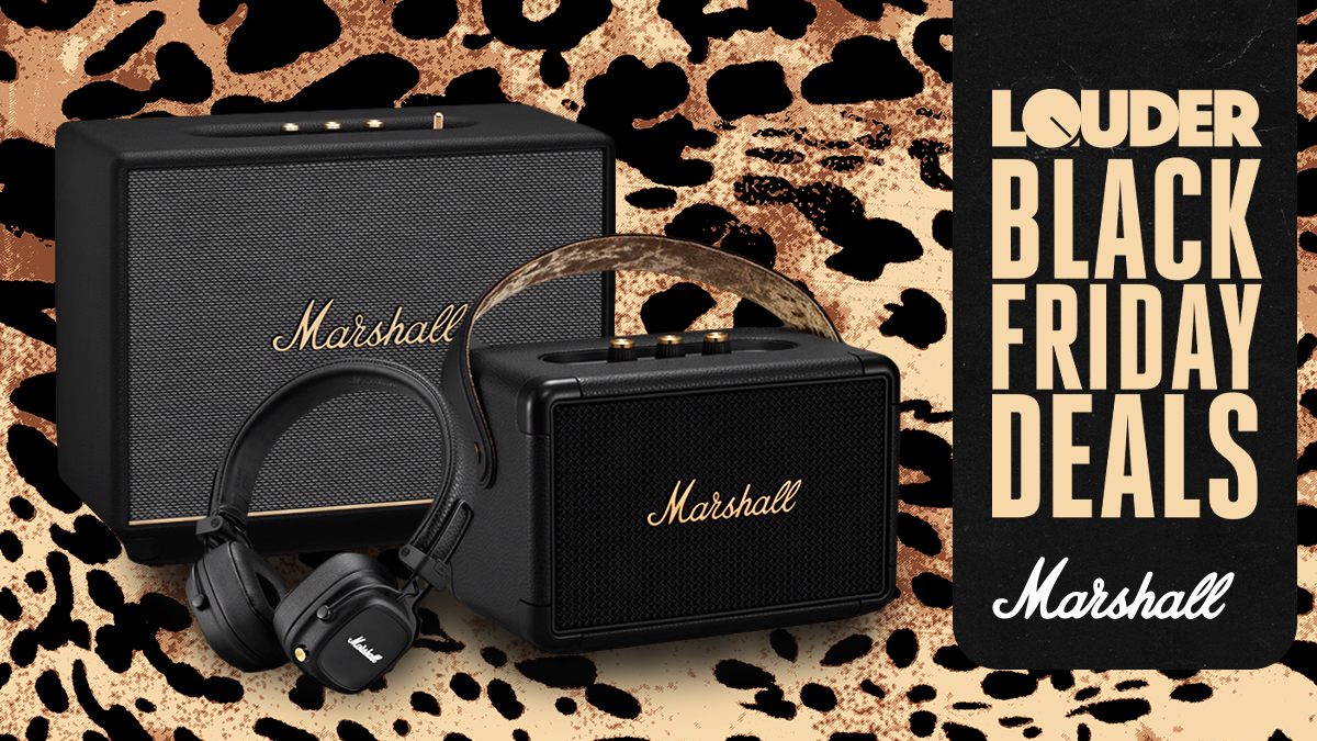 A collection of Marshall speakers and headphones on a leopard print background