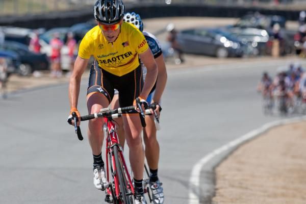 Overall race leader Alison Powers (NOW-Novartis) is shadowed by Jackie Crowell (Exergy-Twenty12) on the final lap of the circuit race