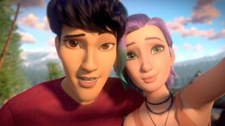 Kenji and Brooklynn taking a selfie in nature in Jurassic World: Chaos Theory.