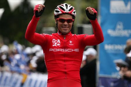 Got it! Rhys Pollock (Drapac) celebrates as he crosses the finish line