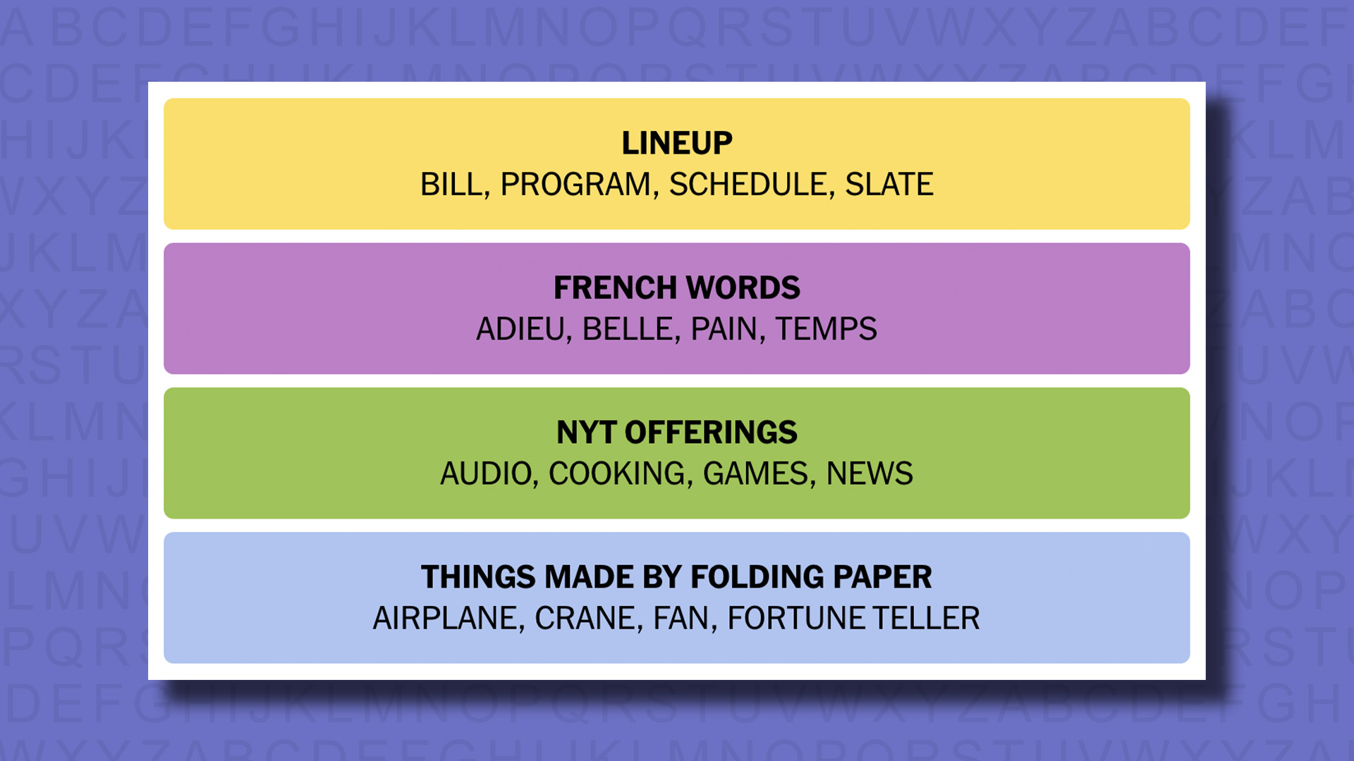 NYT Connections answers for game 501 on purple background