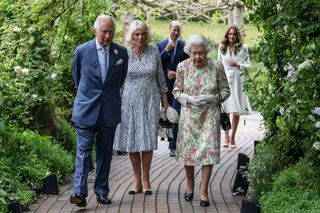Duchess Camilla, Prince Charles and the Queen attend a reception with G7 leaders at The Eden Project in south west England on June 11, 2021