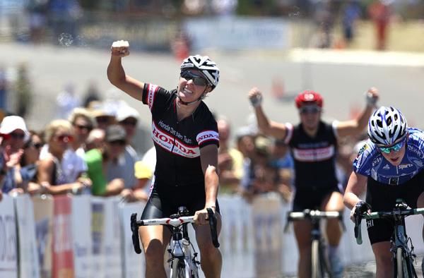 Rochelle Gilmore claimed her maiden Cronulla GP win while a Honda Dream Team team-mate celebrates behind.