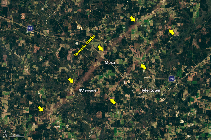 A satellite image showing tornado tracks in Mississipi
