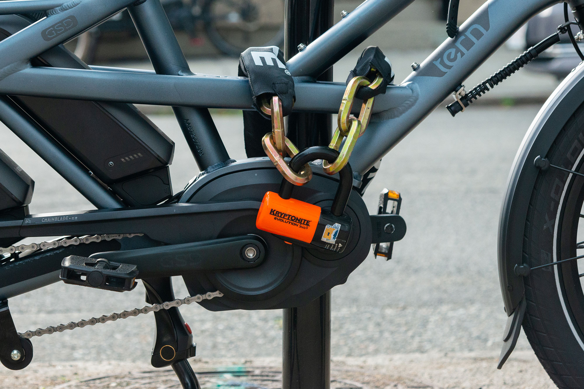 Sold Secure rated lock used to secure an e-bike