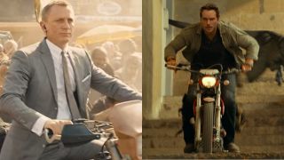 Daniel Craig sitting on a bike in Skyfall and Chris Pratt riding a bike in Jurassic World Dominion, pictured side by side.