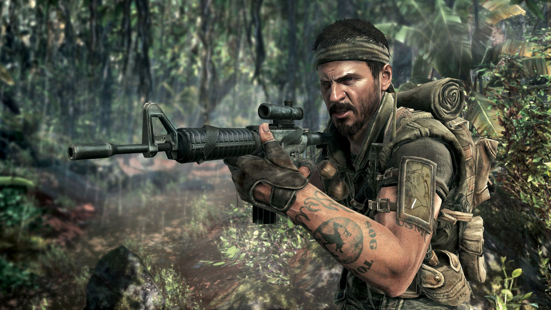 A screenshot of a soldier holding a gun in the jungle during Black Ops.