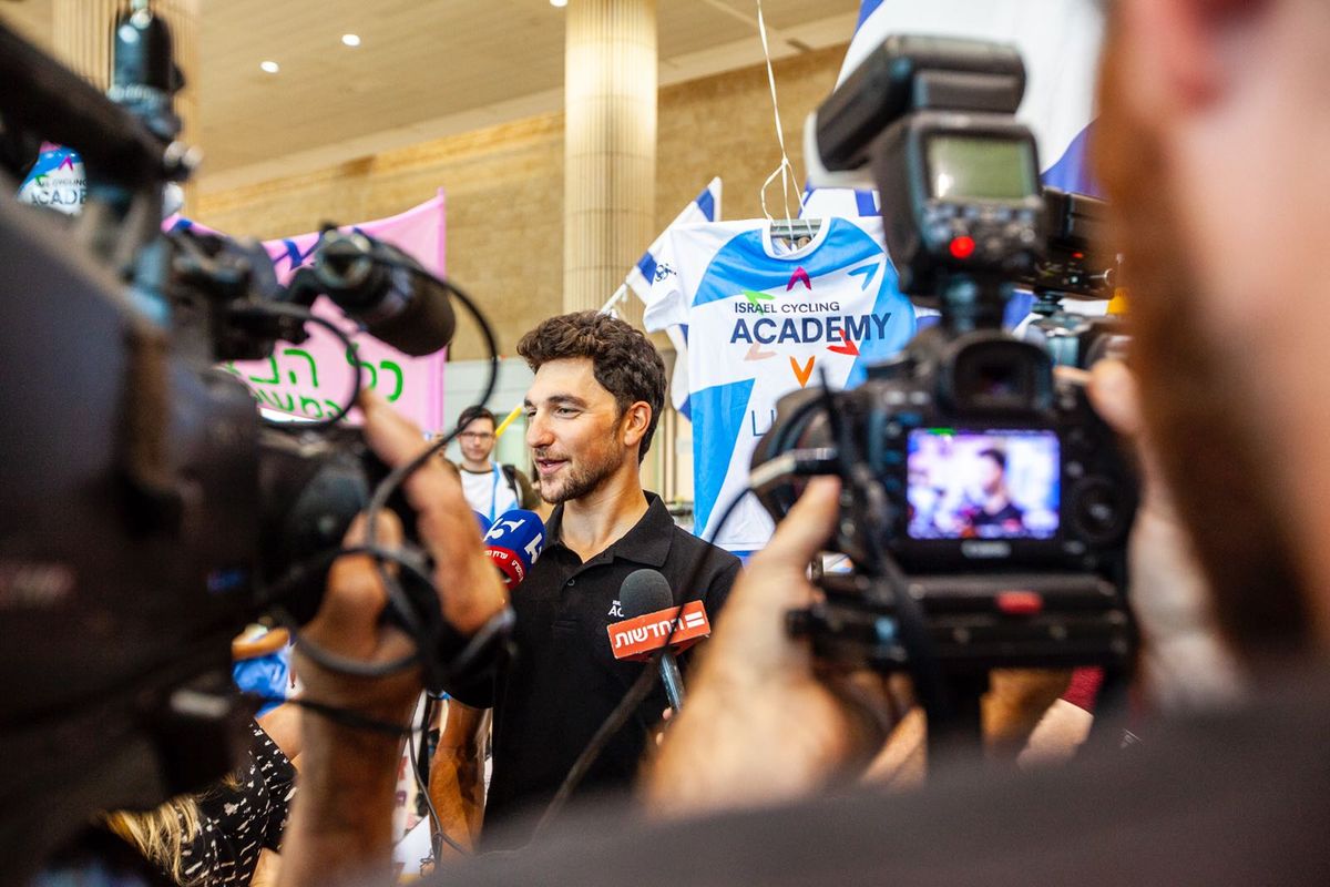 Guy Sagiv does an interview for Israeli TV after his return from the Giro d'Italia