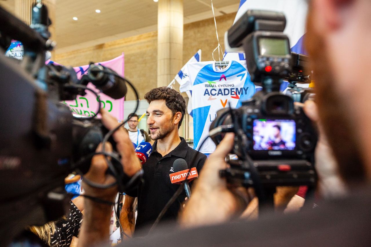 Guy Sagiv does an interview for Israeli TV after his return from the Giro d'Italia