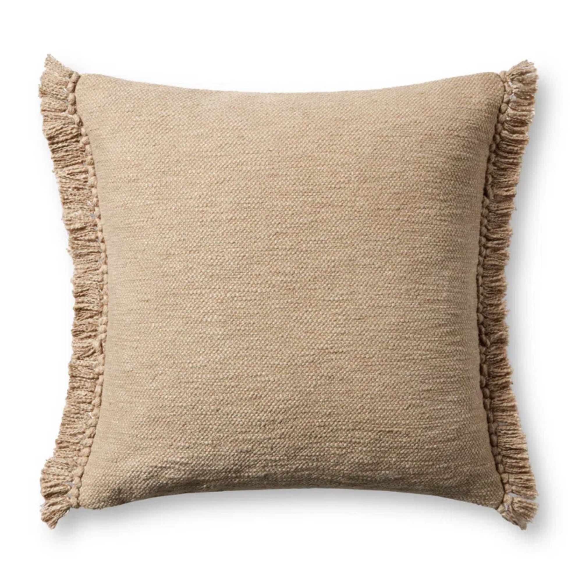 Beige textured throw pillow with fringed edges