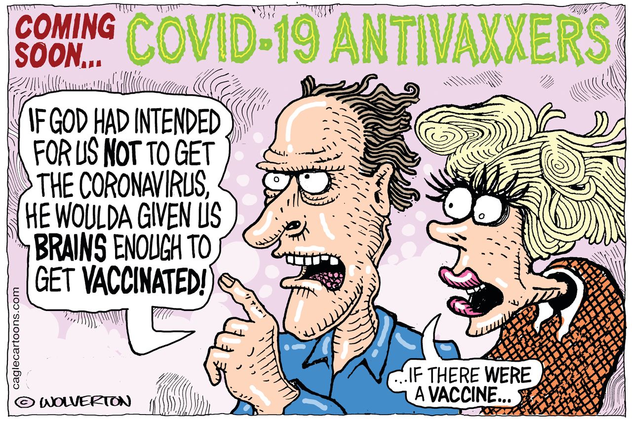 Editorial Cartoon U.S. Coronavirus COVID-19 antivaxxers vaccine pandemic god