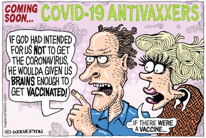 Editorial Cartoon U.S. Coronavirus COVID-19 antivaxxers vaccine pandemic god