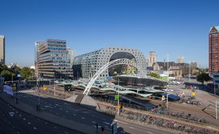 Looking across the roads that are adjacent to the market hall.