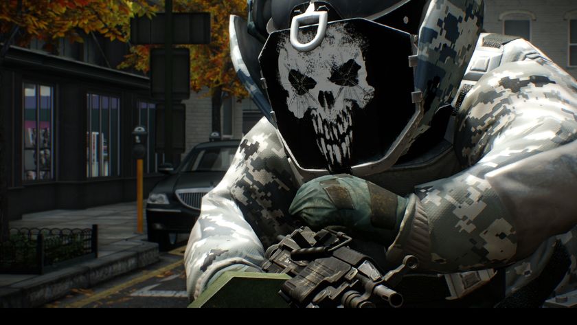 Payday 2 screenshot - guy in a bomb suit with a skull face mask carrying an M60, I think