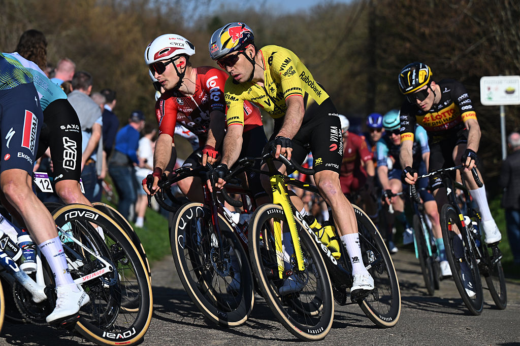 DOUR, BELGIUM - MARCH 03: Wout van Aert of Belgium and Team Visma | Lease a Bike competes during the 58th Ename Samyn Classic 2026 - Men&amp;apos;s Elite a 203.8km one day race from Quaregnon to Dour on March 03, 2026 in Dour, Belgium. (Photo by Luc Claessen/Getty Images)
