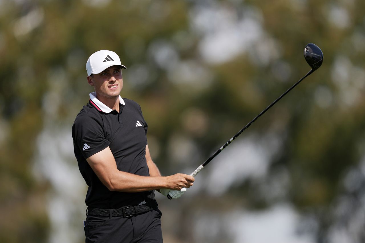 Ludvig Aberg watches his tee shot with a driver