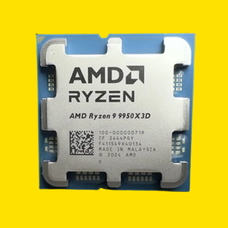 A photo of an AMD Ryzen 9 9950X3D processor against a yellow background