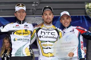 Gent-Wevelgem podium (l-r): Sep Vanmarcke (Topsport Vlaanderen - Mercator), 2nd; Bernhard Eisel (HTC - Columbia), 1st; Philippe Gilbert (Omega Pharma - Lotto), 3rd.