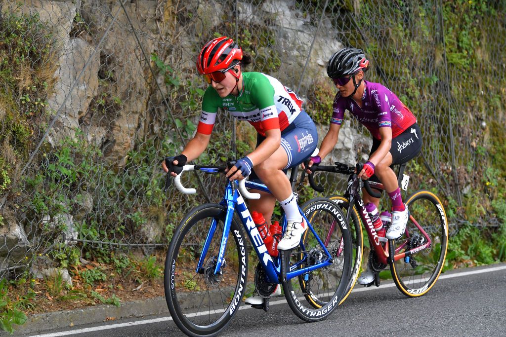 COLICO ITALY JULY 07 Elisa Longo Borghini of Italy and Team Trek Segafredo Ashleigh Moolman Pasio of South Africa and Team SD Worx in breakaway during the 32nd Giro dItalia Internazionale Femminile 2021 Stage 6 a 155km stage from Colico to Colico GiroDonne UCIWWT on July 07 2021 in Colico Italy Photo by Luc ClaessenGetty Images