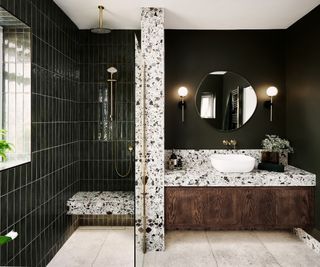 Green, wood, and white bathroom