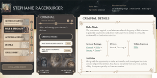 A screenshot of the Candela Obscura character sheet interface on Demiplane