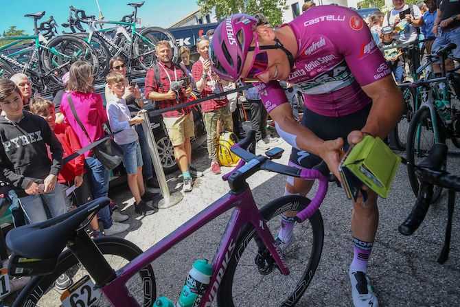 Bora-Hansgrohe's Pascal Ackermann takes a few shots of his new custom-painted bike ahead of stage 19 of the 2019 Giro d'Italia