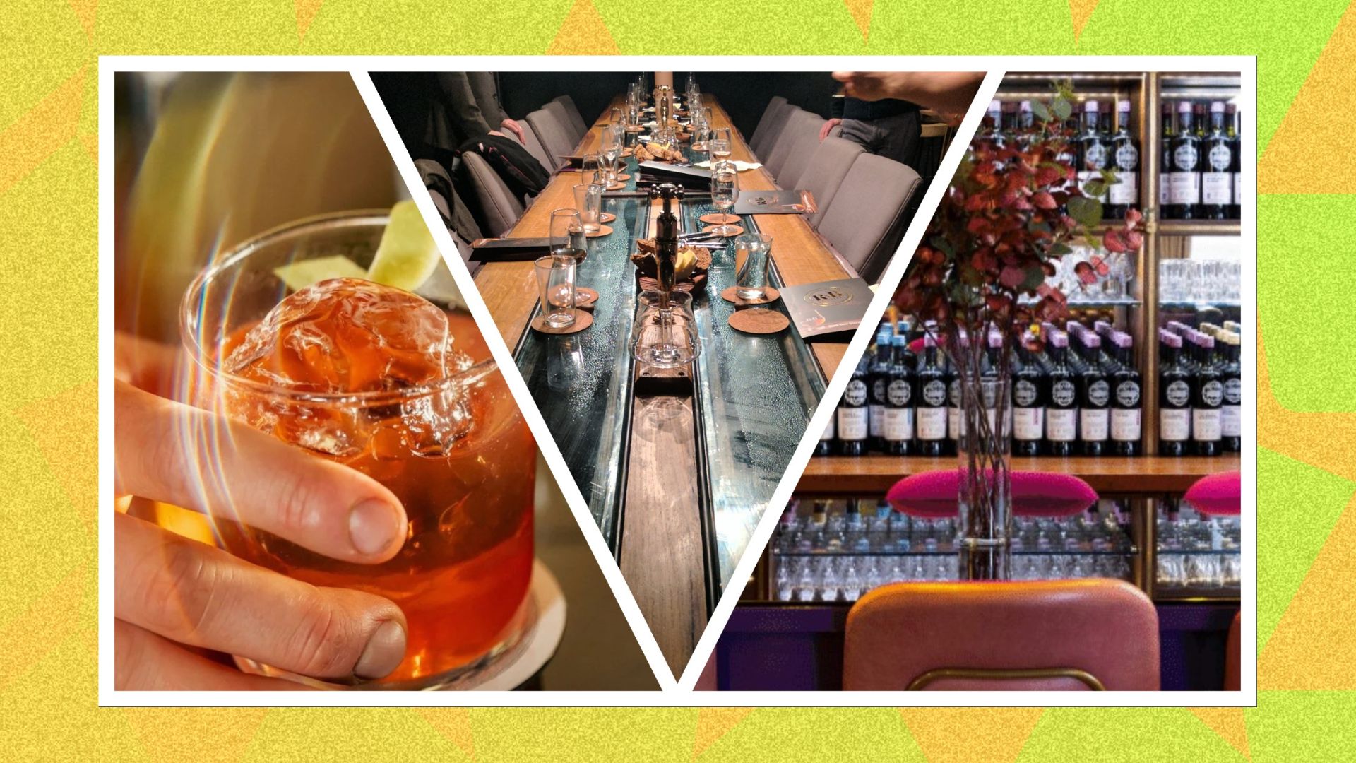 Three images sliced together including of a cocktail, a table with glasses on and bottles of Scotch on a shelf. The image is on a yellow background 