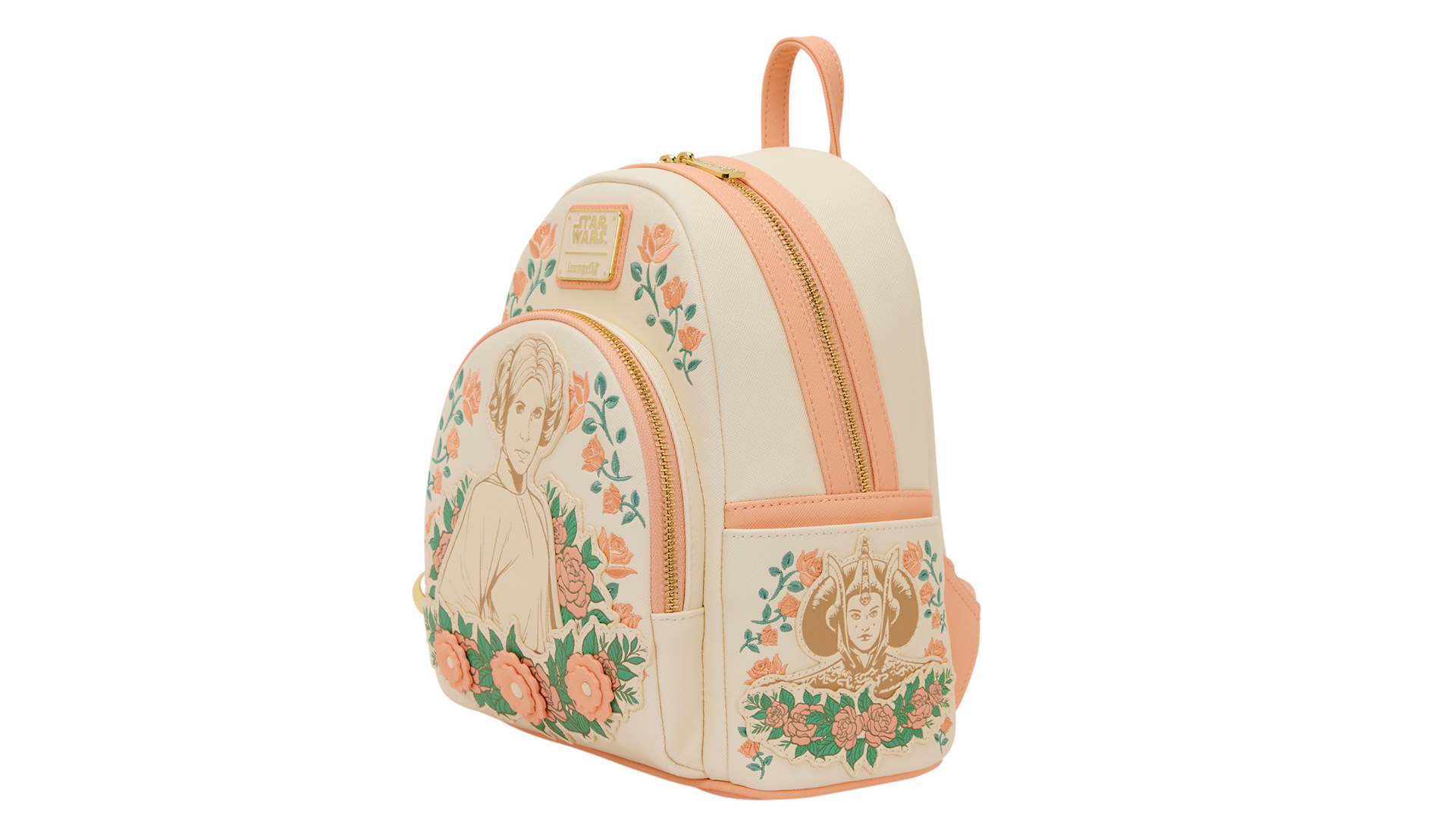 Star Wars Loungefly Mini Backpack with Leia, Rey, and Padme on a plain background