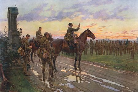 The Last General Absolution of the Munsters at Rue du Bois, about 1916, oil on canvas, 12in by 20in, by Fortunino Matania (1881–1963), original presumed lost, but copies and prints available in several collections, including the National Army Museum in London.