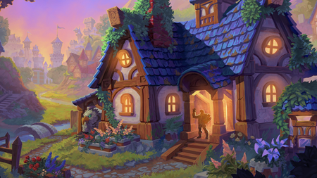 Concept art of WoW's upcoming player housing system, showing a warm homestead with a welcoming figure in shade.