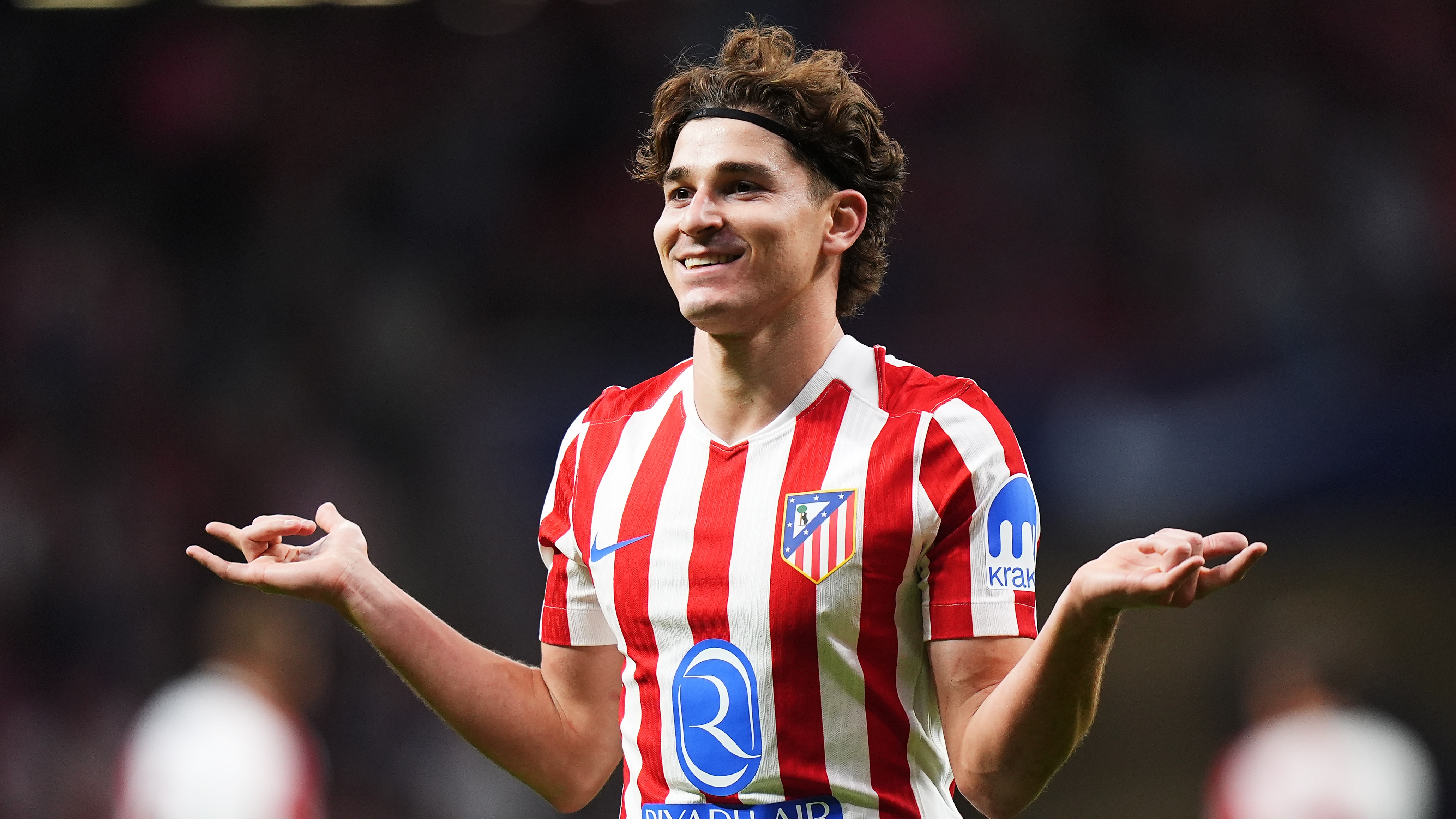 Julian Alvarez of Atletico de Madrid celebrates scoring his team&#039;s third goal and completing his hat-trick during the LaLiga EA Sports match between Atletico de Madrid and Rayo Vallecano de Madrid at Riyadh Air Metropolitano on September 24, 2025 in Madrid, Spain. 