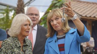 Camilla, Duchess of Cornwall with BBC presenter Fiona Bruce during her visit to the Antiques Roadshow at The Eden Project