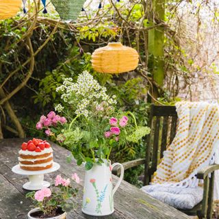 country cottage garden with jug of flowers, rustic table and chairs, coloured solar pendants, cake on cake stand, plant, blankets