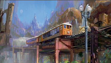 Environment art showing a train on a bridge