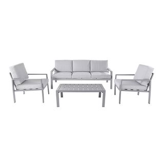 A grey metal garden coffee set with pale grey cushions