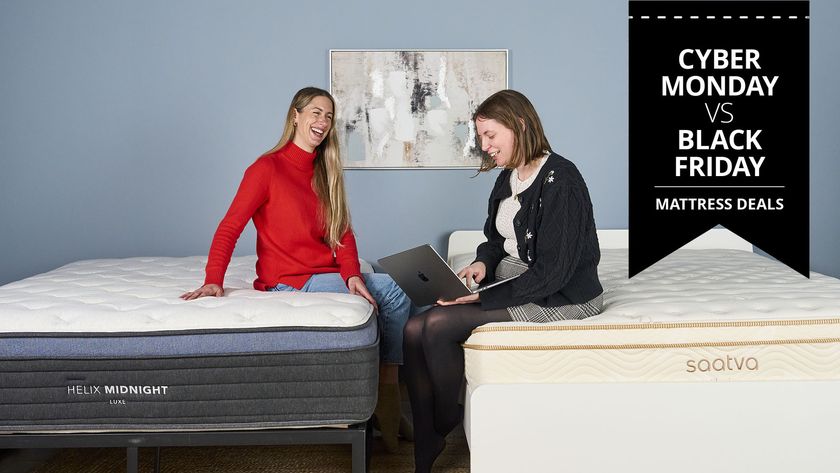This image shows two of our sleep team testing mattress in the Sleep Lab, debating when&#039;s the best time to shop. On the left, Nicola Appleton sits on a Helix Midnight Luxe mattress. On the right, Ruth Jones sits on a Saatva Classic mattress, a laptop open in her lab as she checks for sales. In the top right corner is a Cyber Monday vs Black Friday mattress deals graphic