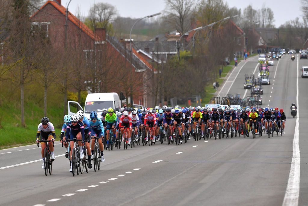 OUDENAARDE BELGIUM APRIL 04 Marijke De Smedt of Belgium and Team Multum Accountants Lsk Ladies CT Kelly Van Den Steen of Belgium and Team Bingoal Casino Chevalmeire during the 18th Ronde van Vlaanderen Tour of Flanders 2021 Womens Elite a 1524km race frim Oudenaarde to Oudenaarde Breakaway RVV21 rondevanvlaanderen tourofflanders UCIWWT on April 04 2021 in Oudenaarde Belgium Photo by Luc ClaessenGetty Images