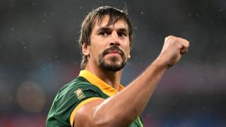 Eben Etzebeth of South Africa acknowledges the fans with a fist in the air prior to the New Zealand vs South Africa live stream 2023.