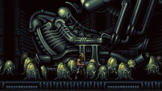 Image from the video game Aliens: Infestation. Your armoured character is holding a gun and standing in a room filled with dozens of green Alien eggs.