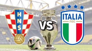 The Croatia and Italy club badges on top of a photo of the Euro 2024 trophy and match ball