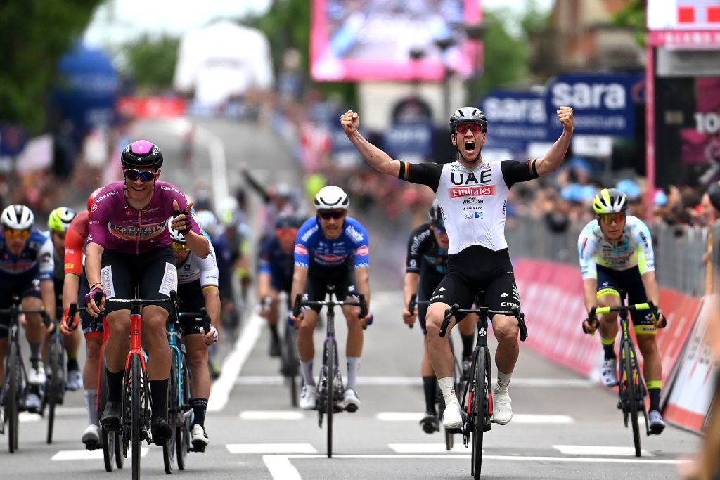 TORTONA ITALY MAY 17 A general view of Pascal Ackermann of Germany and UAE Team Emirates celebrates at finish line as stage winner ahead of Jonathan Milan of Italy and Team Bahrain Victorious Purple Points Jersey Mads Pedersen of Denmark and Team Trek Segafredo Mark Cavendish of The United Kingdom and Astana Qazaqstan Team and Pascal Ackermann of Germany and UAE Team Emirates during the 106th Giro dItalia 2023 Stage 11 a 219km stage from Camaiore to Tortona UCIWT on May 17 2023 in Tortona Italy Photo by Tim de WaeleGetty Images