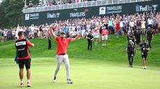 Keegan Bradley celebrates winning the Travelers Championship in 2025
