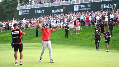 Keegan Bradley celebrates winning the Travelers Championship in 2025
