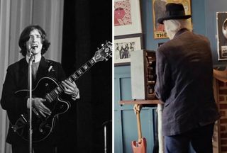 Dave Davis pictured on the left in black-and-white, circa 1964, playing a Guild semi-hollow and singing into the mic; Dave Davies pictured from behind, slashing a speaker to show us how he got the distorted tone on You Really Got Me.