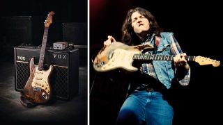 Rory Gallagher&#039;s 1961 Stratocaster in the studio leaning against a Vox amp, plus Rory Gallagher onstage with the same guitar