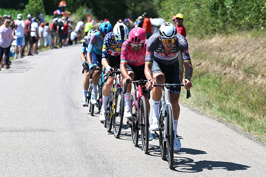 VIRE NORMANDIE, FRANCE - JULY 10: (L-R) Quinn Simmons of The United States and Team Lidl - Trek, Ben Healy of Ireland and Team EF Education - EasyPost and Mathieu Van Der Poel of Netherlands and Team Alpecin - Deceuninck compete in the breakaway during the 112th Tour de France, Stage 6 a 201.5km stage from Bayeux to Vire Normandie / #UCIWT / on July 10, 2025 in Vire Normandie, France. (Photo by Tim de Waele/Getty Images)