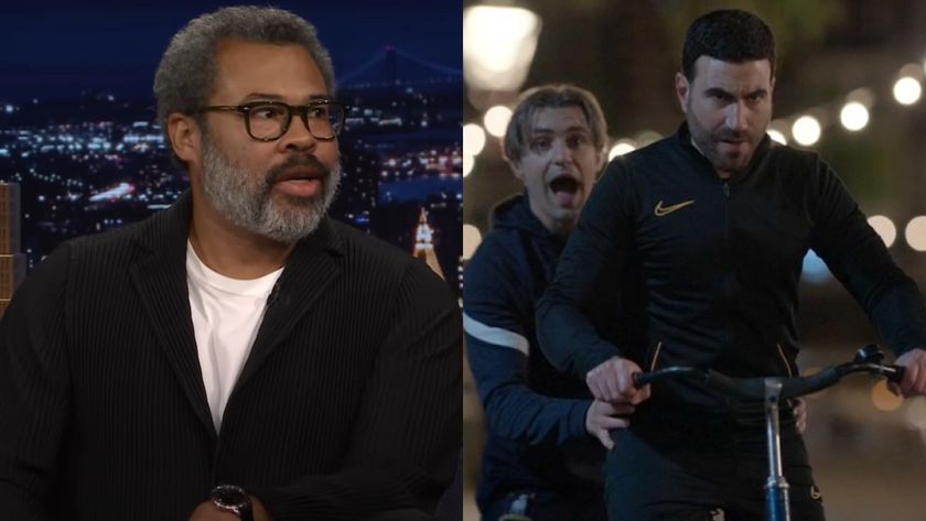 From left to right: Jordan Peele looking to his right on The Tonight Show and Roy riding a bike with Jamie behind him on Ted Lasso.