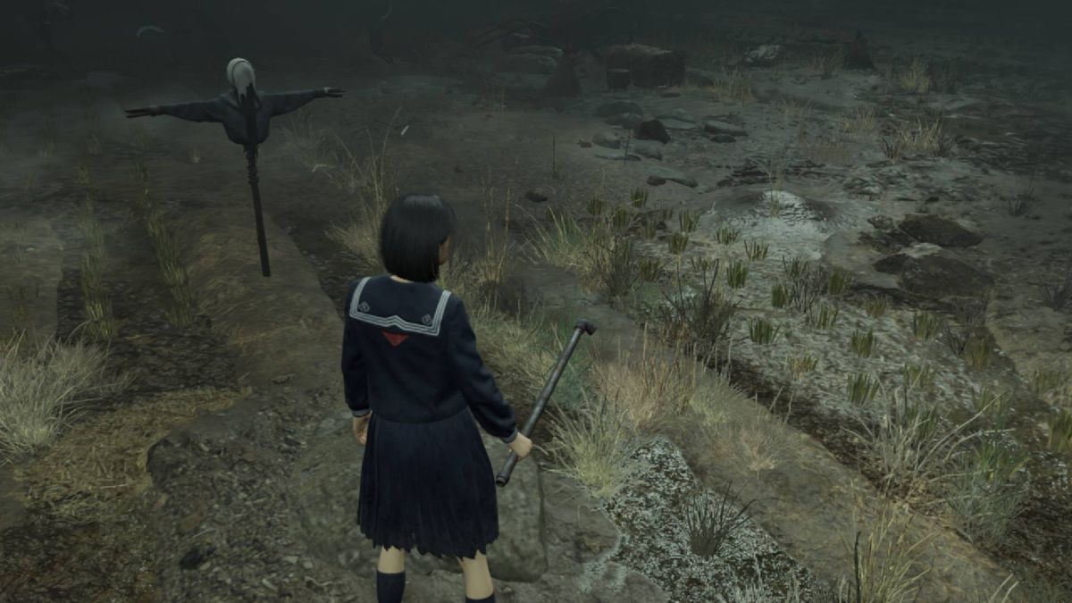 Screenshot of Silent Hill F gameplay in scarecrow field with Auto SR on.