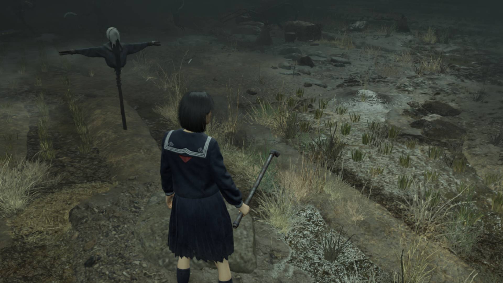 Screenshot of Silent Hill F gameplay in scarecrow field with  Auto SR on.