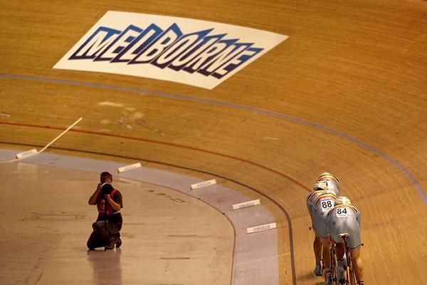 The men's Belgium pursuit team go through their paces during the qualifying rounds.
